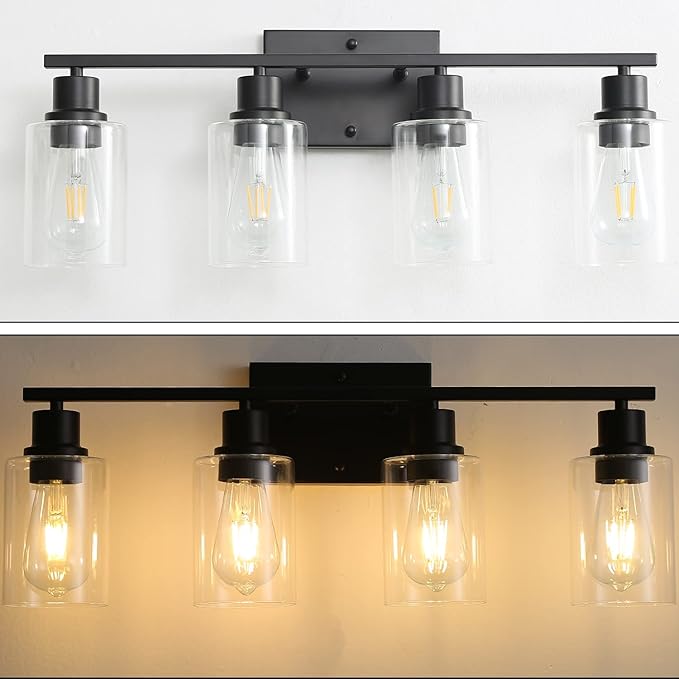 Bathroom Vanity Light Fixtures, 4-Light Matte Black Bathroom Lights, Wall Sconces with Clear Glass Shade for Hallway Farmhouse Bedroom Living Room