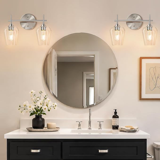 MOKATNG 2-Light Bathroom Light Fixtures, Brushed Nickel Vanity Lights for Bathroom with Clear Glass, Bathroom Lighting Fixtures Over Mirror, Modern Wall lamp for Cabinet Hallway