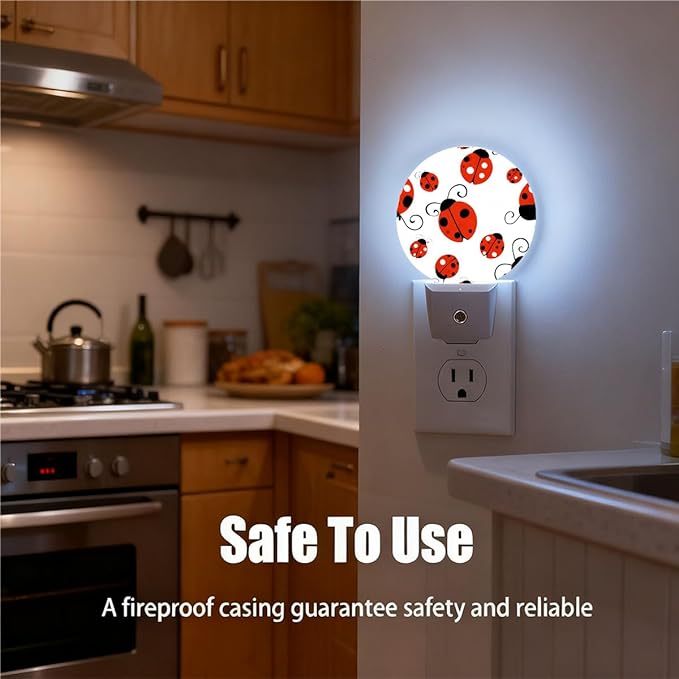 Plug-in Playful Ladybug Pattern Night Light Red Ladybugs with Polka Dots Night Lights Plug into Wall with Auto on/Off Sensor, 0.5W LED Nightlight for Bedroom Bathroom Kitchen Hallway