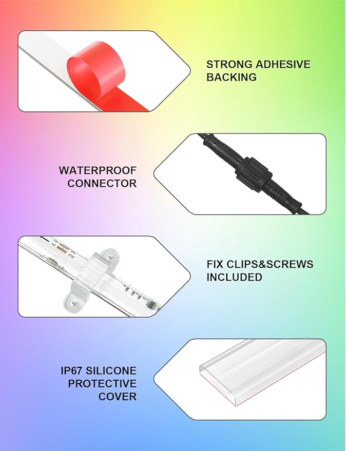 40ft/12m COB LED Strip Lights, RGB Smart IC, IP67 Waterproof, Dimmable , Color Flowing Tape Light with App Control & Music Sync, Dotless LED Light for Outdoor, Patio, christmas & Party Decorations