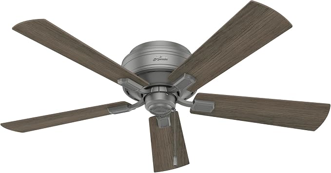 Hunter Crestfield, Indoor, Ceiling Fan, Quiet, 52 inch, Matte Silver | with LED Lights and Pull Chain, Low Profile Flush Mount, 5 Blades, For Bedroom, Living Room, Kitchen, 51020