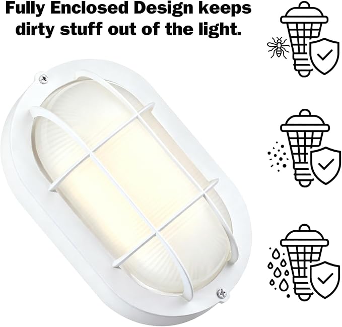 GRUENLICH LED Bulkhead Light Fixture, Aluminum Outdoor Wall Lantern, 8.5" | Oval Exterior Porch Light Wall Sconce for House Walkway Nautical Sauna, Dimmable 6W 600 Lumen, Glass, 3000K, White, 2 Pack