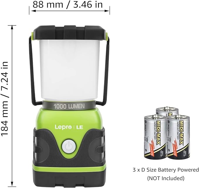 Lepro 1000LM Battery Powered LED Camping Lantern with 4 Light Modes, Green | Camping Essentials, Waterproof Lantern Flashlight for Camping, Emergency Light, Power Outages, Not Rechargeable, 2Packs