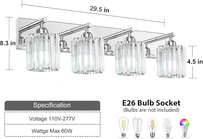 Brushed Chrome Crystal Bathroom Vanity Light, 4-Light Modern Bathroom Lighting Fixtures Over Mirror,Chrome Wall Sconce Light Fixtures with Round Shade