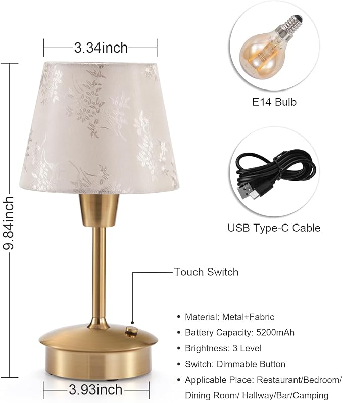 UMEXUS 9.8'' Small Cordless Table Lamp, 5200mAh Battery Operated Touch Lamp | Rechargeable Dimmable Warm Light for Restaurant, Portable Night Light for Bedside Dining Bedroom Kitchen Outdoor, Champagne