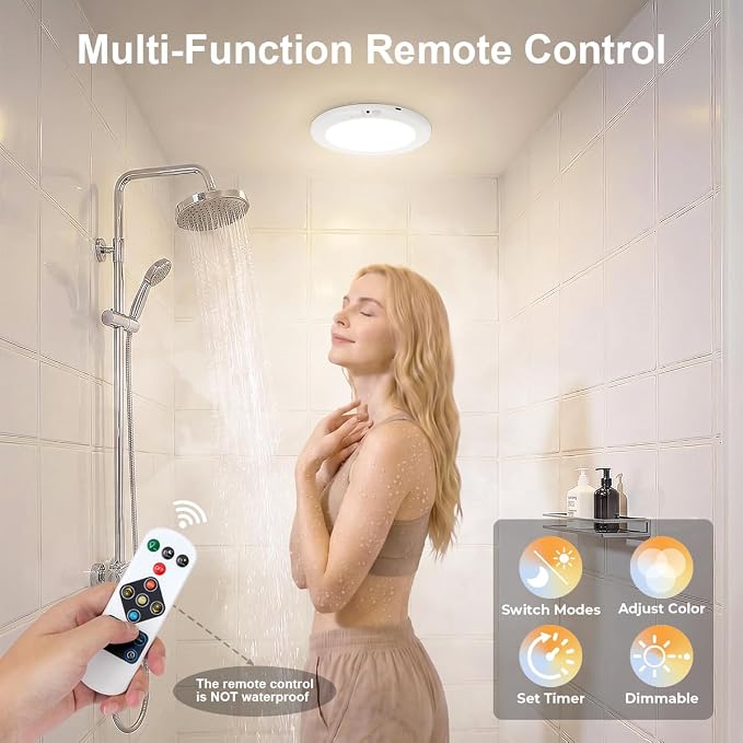 2Pack Rechargeable Magnetic Ceiling Light/Shower Light with Remote | Motion Sensor, Wireless, Power Indicator, Waterproof, Battery-Powered LED, 3 Color, Dimmable, Closet, Pantry, Hallway, Patio