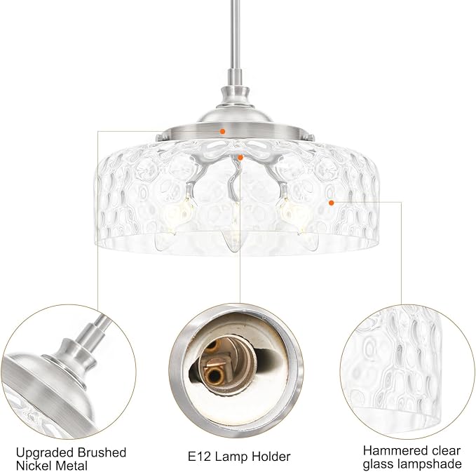 Brushed Nickel 3-Light Pendant Lights Kitchen Island, Modern Hammered Glass Kitchen Pendant Lighting Over Island, Adjustable Hanging Bathroom Light Fixtures for Hallway Entryway Dining Room,E12*3