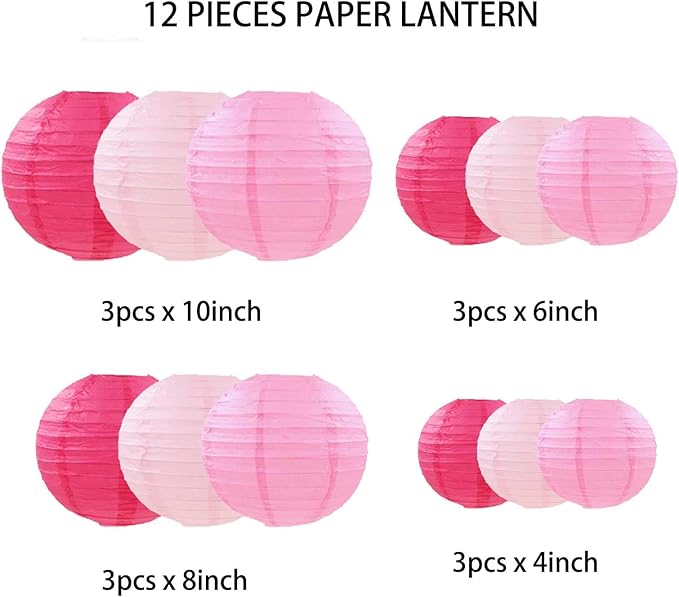 GAKA Pink Paper Lanterns Decorative,12pcs,4 inch 6 inch 8 inch 10 inch Round Paper Hanging Decorations,Chinese Lanterns Lamps for Wedding Birthday Home Classroom Party Decoration