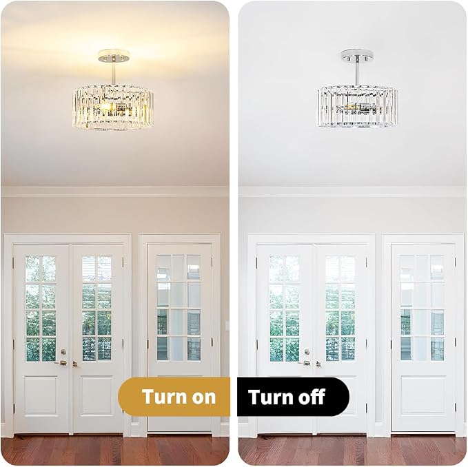 Lxybcce Modern Crystal Ceiling Light, Chrome Semi Flush Mount Ceiling Lighting Fixture, Hallway Light Fixtures Chandelier for Kitchen, Bedroom Dining Room Hallway Closet, 3-Light, 12 Inch