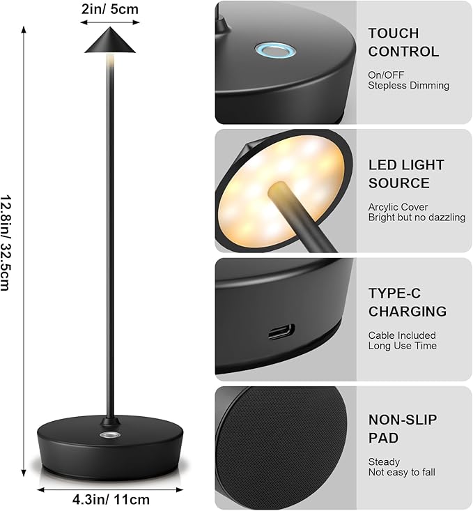 Rechargeable Cordless Table Lamp, Portable Powered LED Battery 6000mAh Metal USB Desk Lamp, 3 Levels Brightness Light for Restaurants Outdoor (Black)