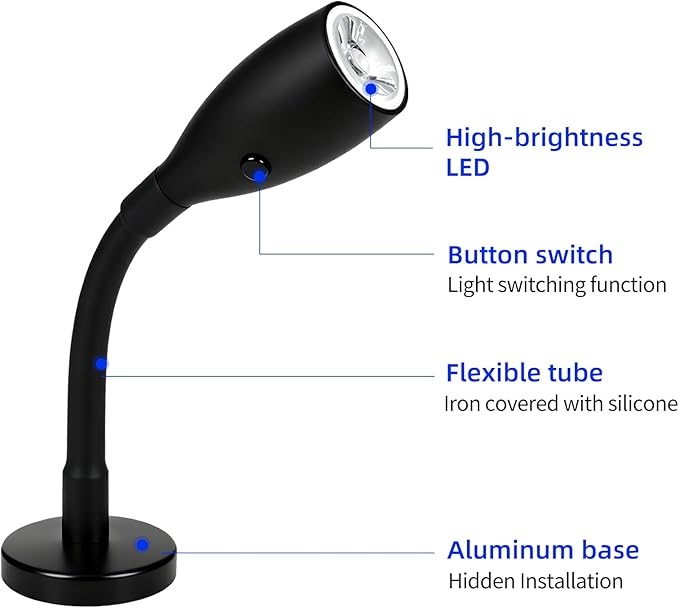 THALASSA Black RV 12V Flexible Gooseneck Reading Light Red Night Light Mode for Map, Camper Van Wall Sconce for 10V-30V System of Caravan Motorhome Trailer