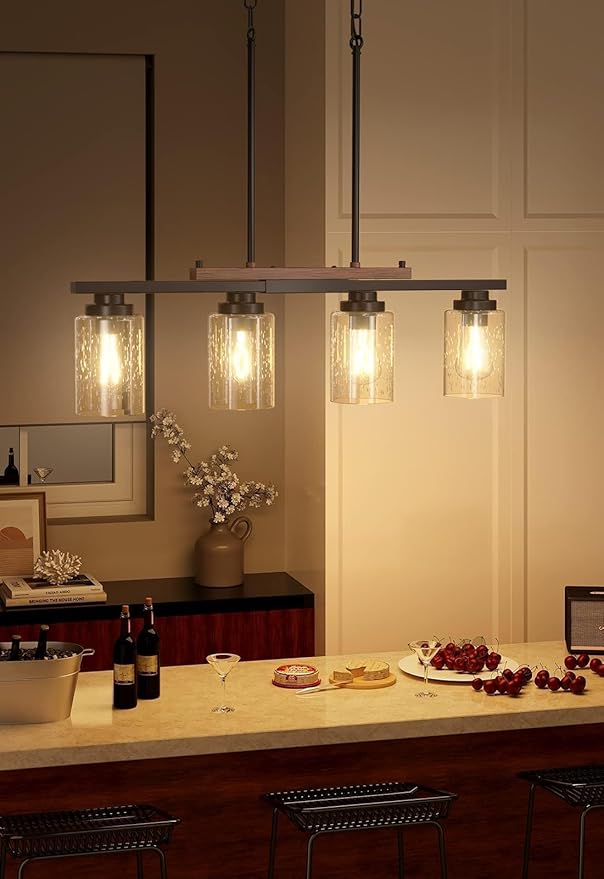 Amico Dining Room Light Fixture 4-Light Kitchen Island Lighting with Adjustable Rods, Farmhouse Decor Black Metal & Wood Chandelier with Seeded Glass Shade, Island Lights for Kitchen