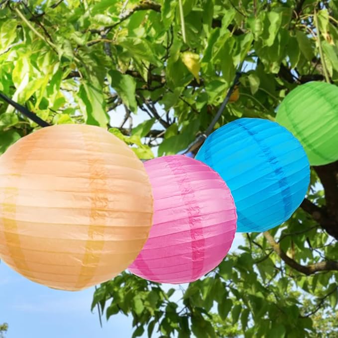 DazzLiteer 12pcs Colorful Paper Lanterns with LED Light, Decorations Round Hanging Paper Lantern Lamps for Birthday, Wedding, Party, Home Decorations (Size of 8”, 10”, 12”)