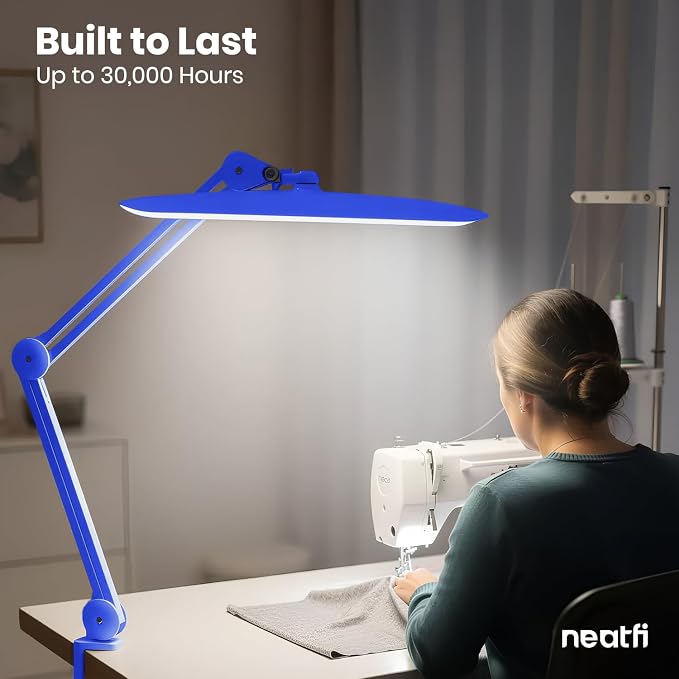 Neatfi XL 2200 Lumens 24W LED Desk Lamp – Shadow-Free Task Lighting | 4-Level Dimming | Home Office & Crafts Use | 20-Inch Wide Head (Sapphire Blue, Non-CCT with Clamp)