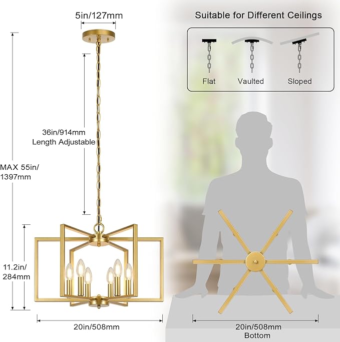 6 Light Gold Chandelier, Dining Room Light Fixture, Modern Farmhouse Industrial Metal Geometric Ceiling Light Rustic Hanging Pendant Lights with E12 base for Kitchen Island Entryway Foyer, Indoor