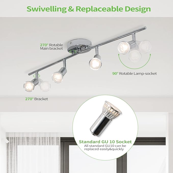 Qcyuui Modern 4-Light Track Lighting Kit, Flush Mount Wall/Ceiling Spot Lights Fixture, LED Track Lighting with Chrome Rotatable Light Head for Kitchen Living Room, 4×GU10 Bulb (Included)