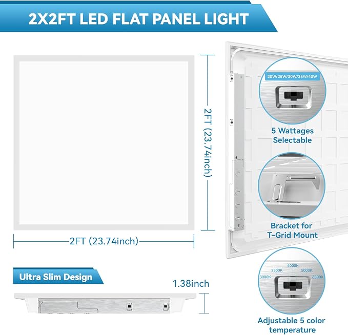 2x2 LED Flat Panel Light Drop Ceiling Office Fixture,5 CCT 3000K-6500K Adjustable & 5 Wattage Selectable, 0-10V Dimmable, 2X2 LED Flush Mount Ceiling Light,ETL Listed 48 Pack