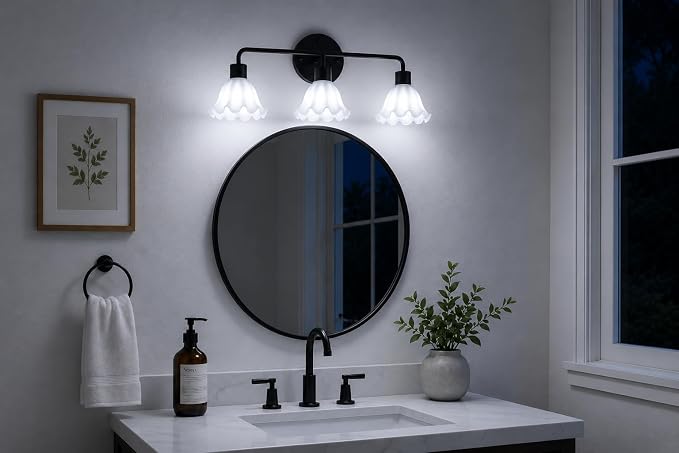 3 Light Black Bathroom Light Fixture,Modern Black Vanity Lighting Over Mirror,Cute White Glass Flower Lampshade,Wall Sconces,E26 Socket(Bulbs Not Included)
