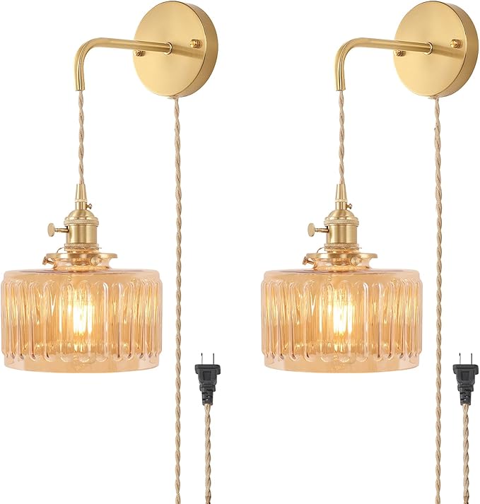 Shenmoyl Vintage Wall Sconce with Amber Striped Glass Shade Hanging Wall Sconce with 4.9FT Plug in Cord, Modern Wall Lamp Fixtures Decor for Bedside Bedroom Indoor Doorway, Set of 2
