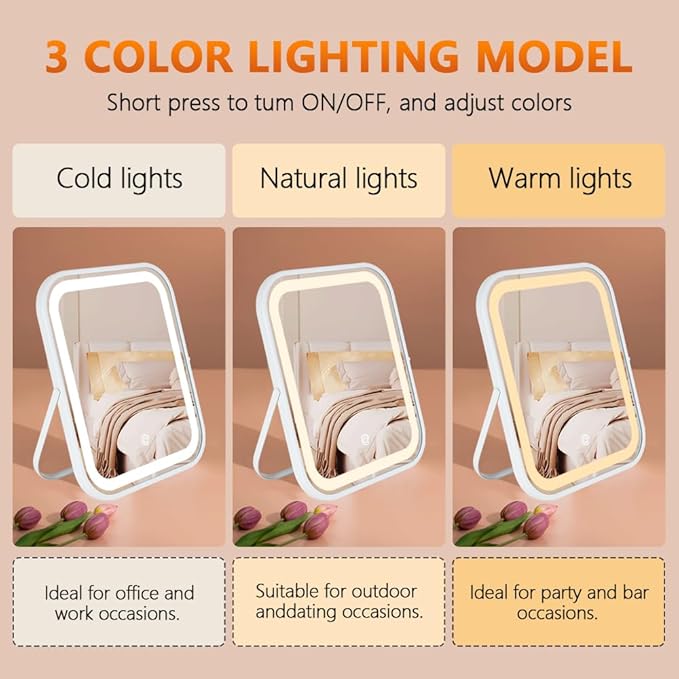 Lighted Vanity Mirror, Makeup Mirror with Lights, Dimmable Touch Screen, Portable Travel Mirror, Cosmetic Mirror with Lights for Makeup Desk ＆ Dressing Room