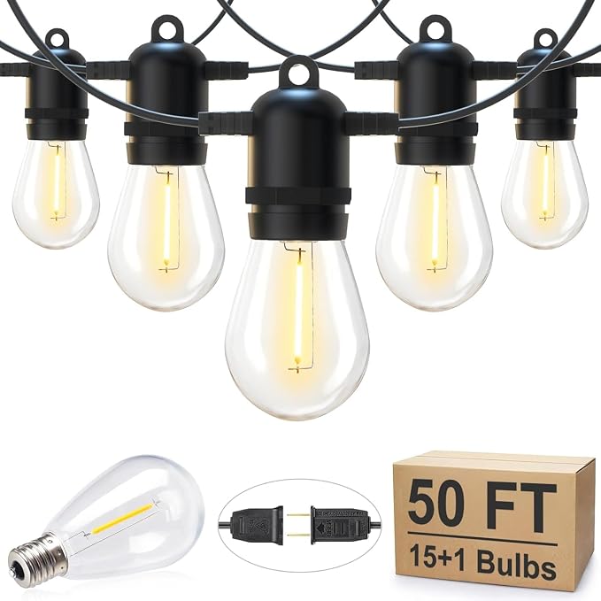 Brightown Outdoor String Lights, 50FT 15 Bulbs Shatterproof Patio Lights | IP65 Waterproof Dimmable Hanging Connectable LED Outdoor Lights for Backyard, Bistro, Porch, Deck, Balcony