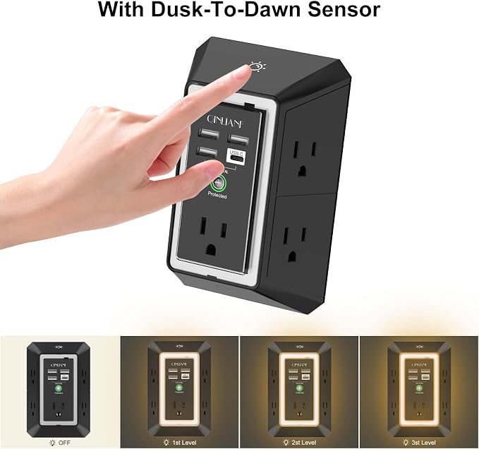 3-Sided Surge Protector Power Strip - QINLIANF Multi Plug Outlet with 5 Outlet Extender and 4 USB Ports(1 USB-C) and Night Light, USB Wall Charger for Home, Office, Travel, ETL Listed, Black