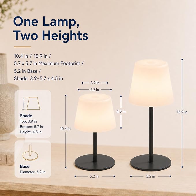 IP65 Waterproof Shower Lamp, Cordless Rechargeable Table Lamp, Black | Bathroom To Bedside Glow, Touch-Dim Comfort, 4000mAh USB-C Ease, 12-24H Light, 3 Light Moods, 2-Height Fit