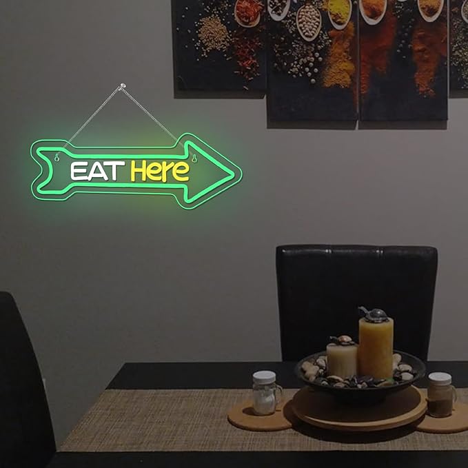 Looklight Arrow Neon Sign Eat Here Neon Lights for Wall Decor Green Led Lights for Home Kitchen Fast Food Restaurant Bar Party Cafe Coffee Diner Decor Food Truck Pizza Shop Decorations