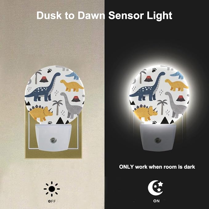 EKOBLA Cartoon Dinosaur Night Light for Kids, Jurassic Dino Design Plug in with Dusk to Dawn Sensor, 0.5W Energy Saving Soft Warm Nightlight for Boys Bedroom Bathroom