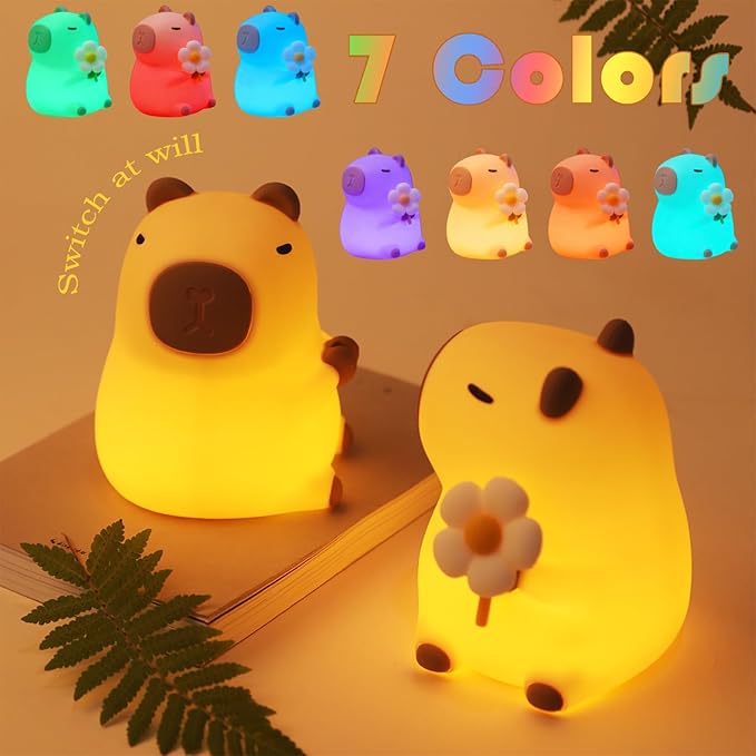 Night Light for Kids, 7 Colors Capybara Silicone Nightlight with Timer, Rechargeable Nursery Night Light, LED Bedside Nightlamp, Dimmable Cute Animal Night Lamp for Kids Boys Girls Toddler (Daisy)