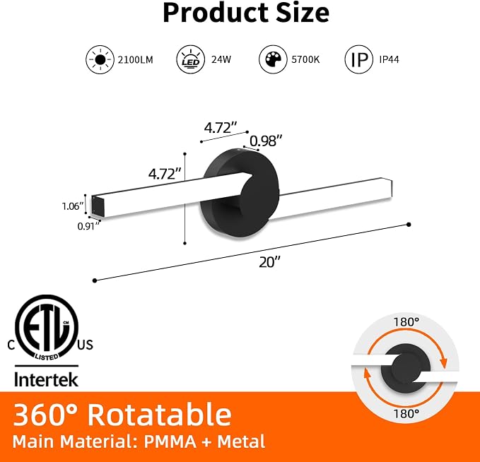 Bathroom Lighting Fixtures Over Mirror: 20 Inch Rotatable Bathroom Vanity Light ETL Listed - Modern Black Vanity Lighting Fixtures 5700K Cool White 2100LM 24W IP44 - LED Vanity Light Dimmable, 2 Pack