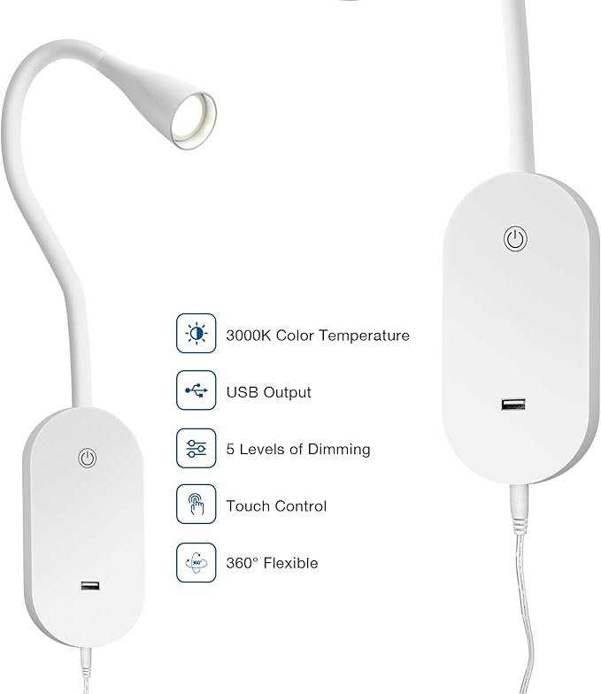 Wall Reading Light for Bed, Book Light with CRI 95+ for Eye Care, 4 Color Modes, 5 Dimmable, 2A USB Output, Memory Function, 4-Hour Auto Off, 360° Swivel Head Bed Headboard Reading Lamp White