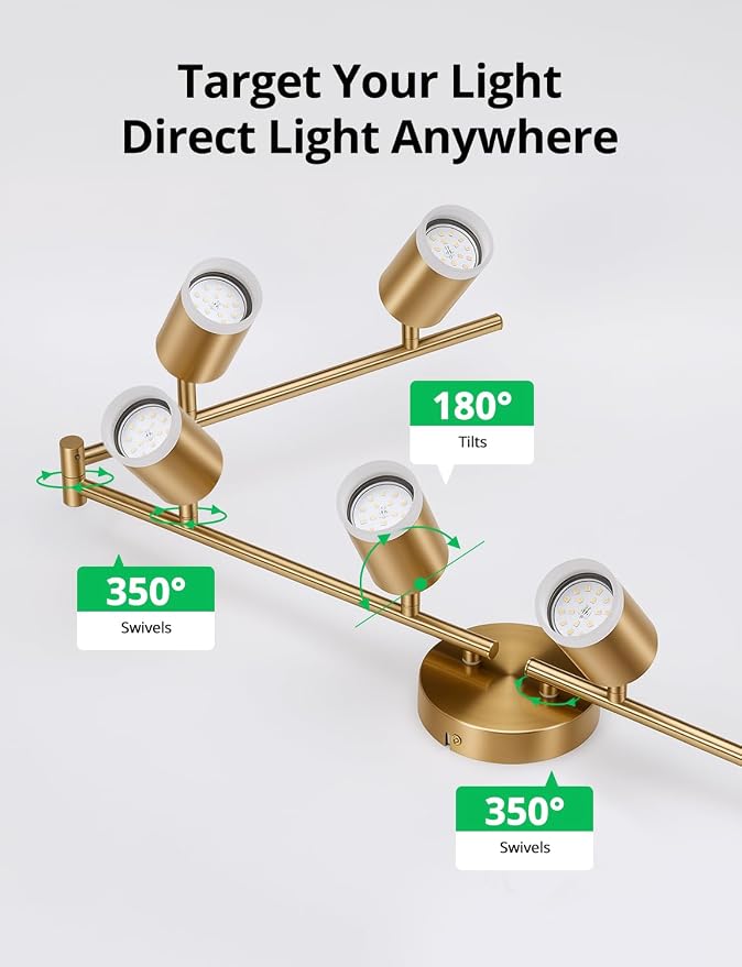 Bojim Gold 8 Light Kitchen Track Lighting Fixtures Ceiling LED Spotlight | Modern Ceiling Light with Acrylic Ring, Flexible Spotlight for Dining Living Bedroom, GU10 Base, Bulbs Not Included