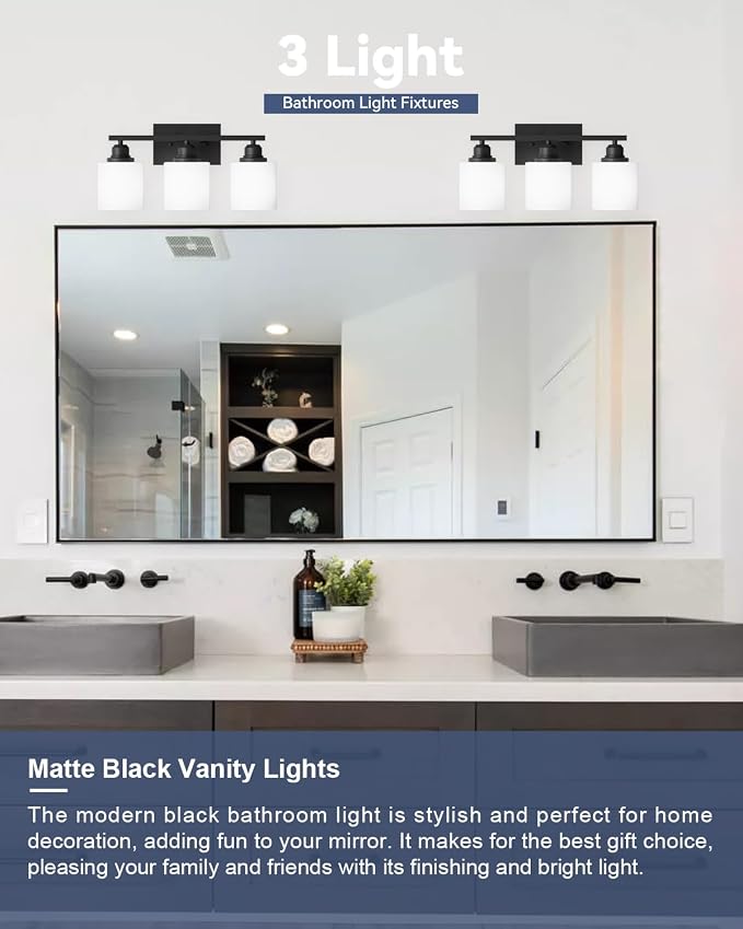 3-Light Bathroom Vanity Light, Anti-Rust Matte Black Bathroom Light Fixtures Over Mirror, Modern Bathroom Lights Wall Mount with Milky White Glass Shades, E26 Base Vanity Lighting