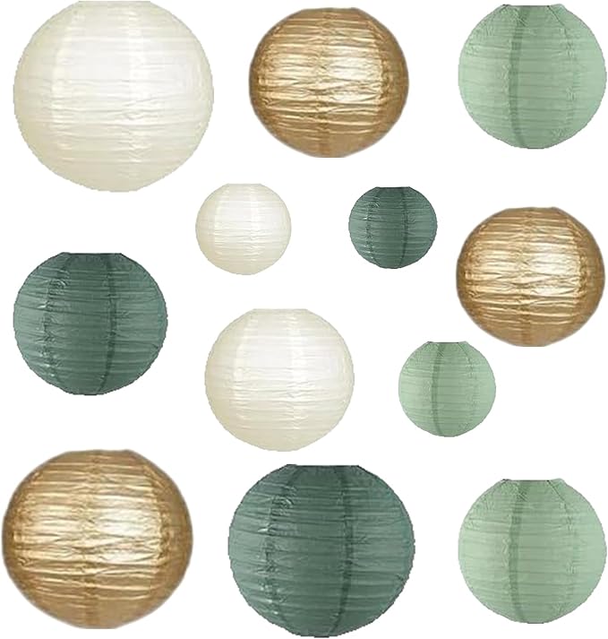 12Pcs Sage Green Paper Lanterns Decorative, Chinese Round Hanging Paper Lanterns Lamp for Wedding, Bridal, Outdoor Decor, Garden Decor, Home Decor, Party Decorations (Size of 6”, 8”, 10”, 12”)