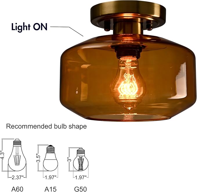 Mid Century Modern Ceiling Light Amber Glass Vintage Mount Light Fixture Small Pumpkin Glass Ceiling Light for Kitchen Dining Laundry Room Foyer Porch