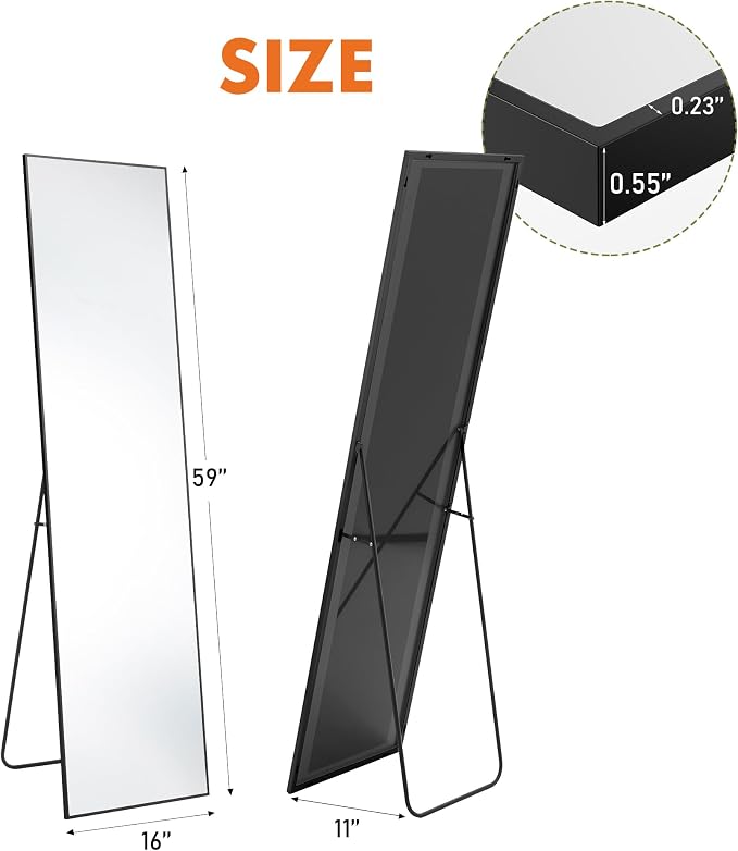 DUMOS Black Full Length Mirror with Stand, 59''x16.5'' Floor Mirrors with Aluminum Alloy Frame for Bedroom, Standing Full Body Mirror with Shatter-Proof Glass for Wall, Living Room, Cloakroom