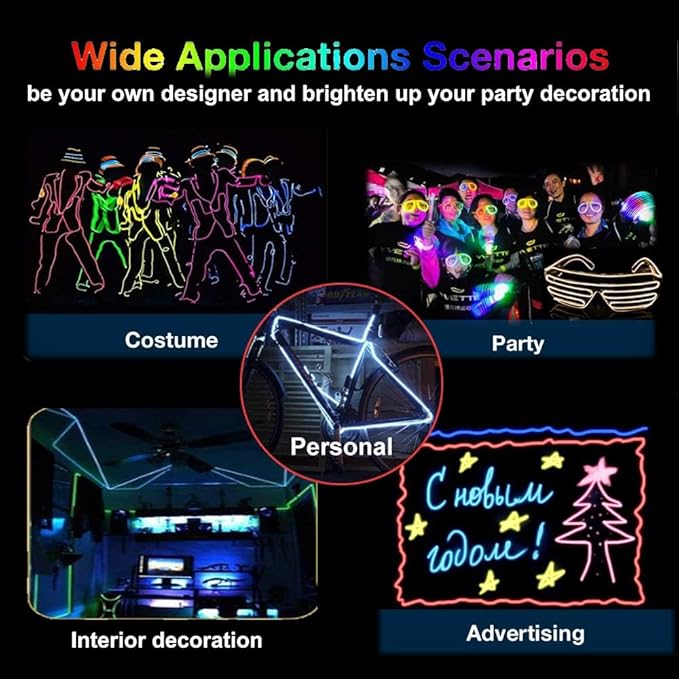 MaxLax EL Wire Yellow, 2M Portable Battery Pack Neon Light Strip 360° Cuttable Glowing Rope Lights for Parties, Halloween, DIY Decoration