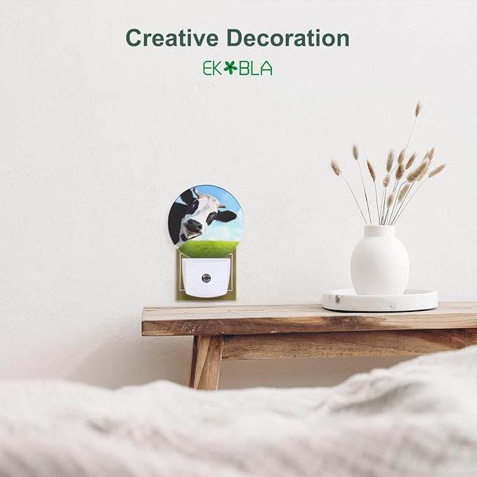 EKOBLA Milk Cow Night Light Farm Animal Black and White Cow Green Grass Blue Sky Night Lights Plug into Wall Auto on/Off Led Nightlight for Bedroom Bathroom Living Room Kitchen Hallway