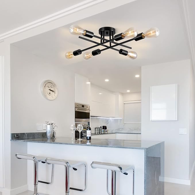 Sputnik Chandeliers, Modern Semi Flush Mount Ceiling Light with E26 Base, Mid Century Industrial Kitchen Farmhouse Light Fixtures for Bedroom Living Room (Black, Ceiling 6 Lights (Lengthen))