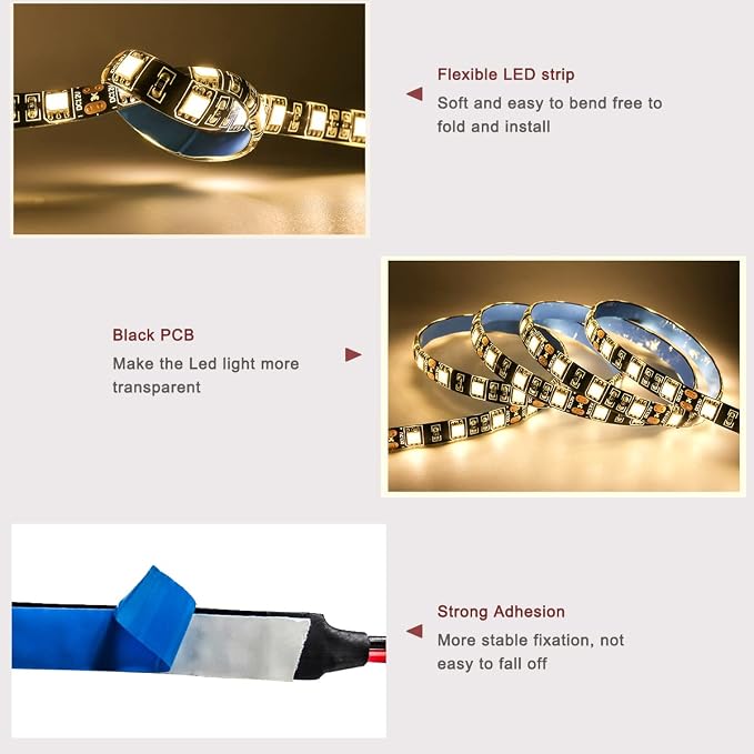 12V LED Strip Light, Warm White 3000K 16.4ft LED Light Strip Black PCB Board SMD 5050 IP65 Waterproof 300 LEDs LED Tape LED Rope Lights for Bedroom, Kitchen Decoration
