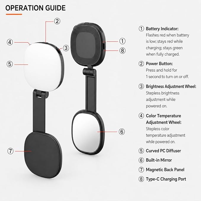 Magnetic Selfie Light Compatible with MagSafe, Foldable LED Phone Light with Mirror, 72 LEDs Stepless Brightness & Color Temperature, 360° Rotating Fill Light for Selfies, Makeup, TikTok, Zoom