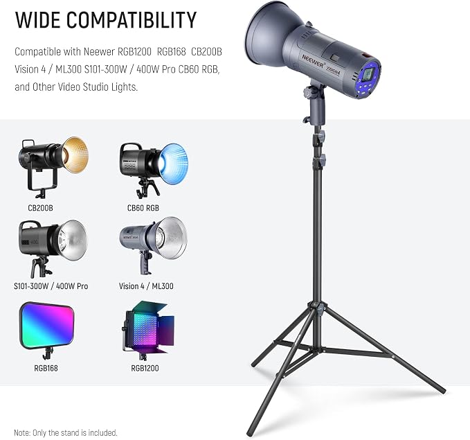 NEEWER Photography Light Stand 2.85-6.6ft/87-200cm, Spring Loaded Aluminum Tripod Stand with ø28mm Thicker Tube Diameter for Ring Light/LED Light/Strobe Flash/Softbox, Max Load 22lbs, ST-200