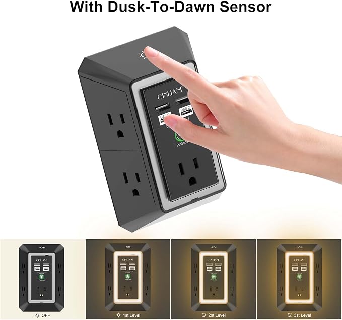 3-Sided Surge Protector Power Strip - QINLIANF Multi Plug Outlet with 5 Outlet Extender and 4 USB Ports(2 USB-C) and Night Light, USB Wall Charger for Home, Office, Travel, ETL Listed, Black