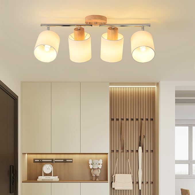 4-Light Track Lighting Kit Wooden Ceiling Spotlight Fabric Shades Rotatable | Rotatable Heads, E26 Socket, Modern LED Track Light Fixture Design, Ceiling & Wall Mount, Kitchen & Living Room Use, No Bulb