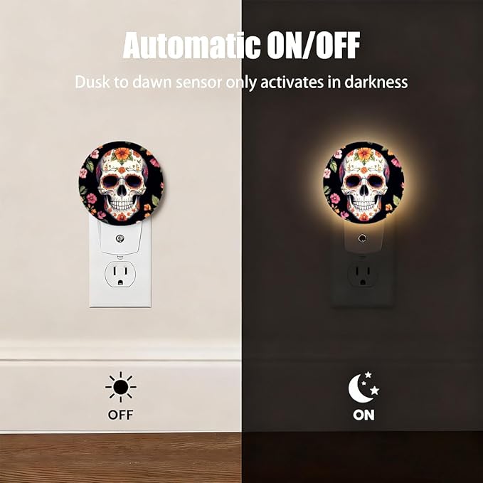 Plug-in Floral Sugar Skull Art Night Light Day of The Dead Skull or Halloween Night Lights Plug into Wall with Auto on/Off Sensor, 0.5W LED Nightlight for Bedroom Bathroom Hallway