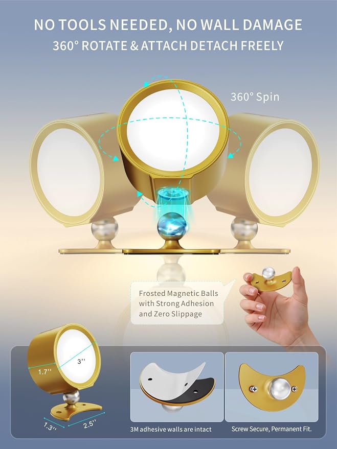 LANMEL LED Wall Mounted Lights,360° Rotating Rechargeable Wall Sconce Lamp | Gold,3CCT,Dimmable,with Remote & Touch Control,USB Wireless Wall Lamp, Suitable for Study,Bedroom,and Bedside Reading