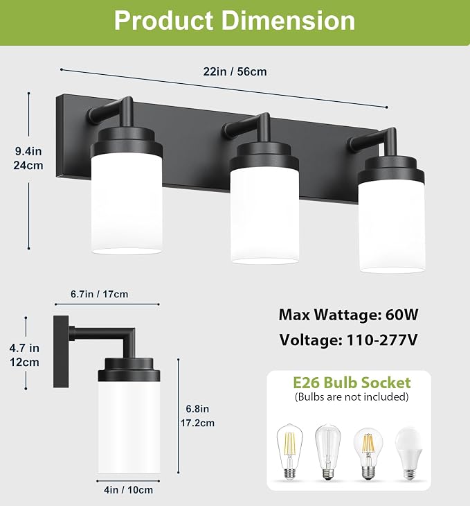 Bathroom Light Fixtures, Matte Black Bathroom Lighting Fixtures Over Mirror, Modern Vanity Light with White Glass Shade, Restroom Lighting Fixtures, 3-Light 22-inch