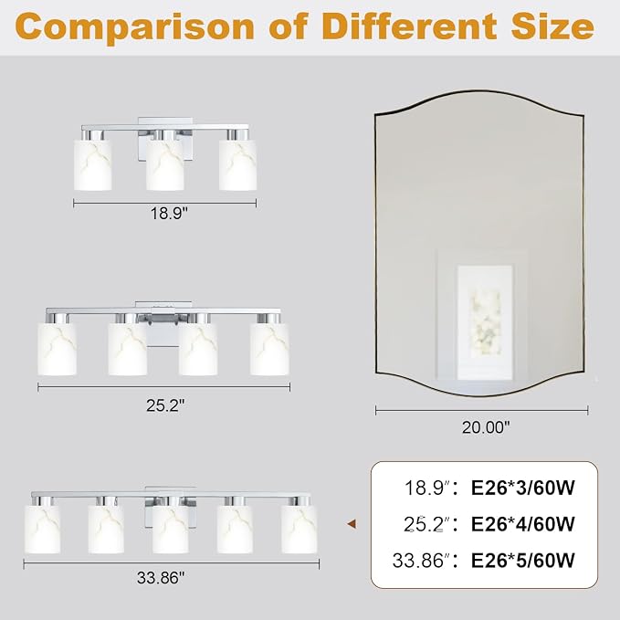 4-Light Bathroom Light Fixtures, Modern Vanity Lights, Chrome Metal Wall Lamp with White Marble Glass for Bathroom, Mirror, Living Room, Bedroom, Cabinet, Porch, Hallway, E26 Base