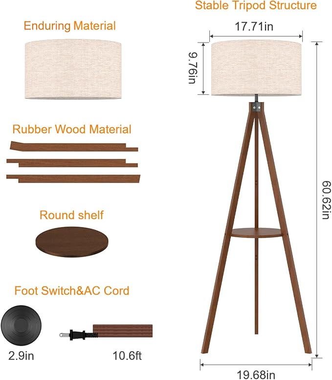 LEPOWER Shelf Floor Lamp Tripod Mid Century Modern Lamps for Living Room | Light-Diffusing Linen Shade, Premium Rubberwood, E26 Base, Foot Switch, Adding Warmth to Bedroom, Office & Study Corner Brown